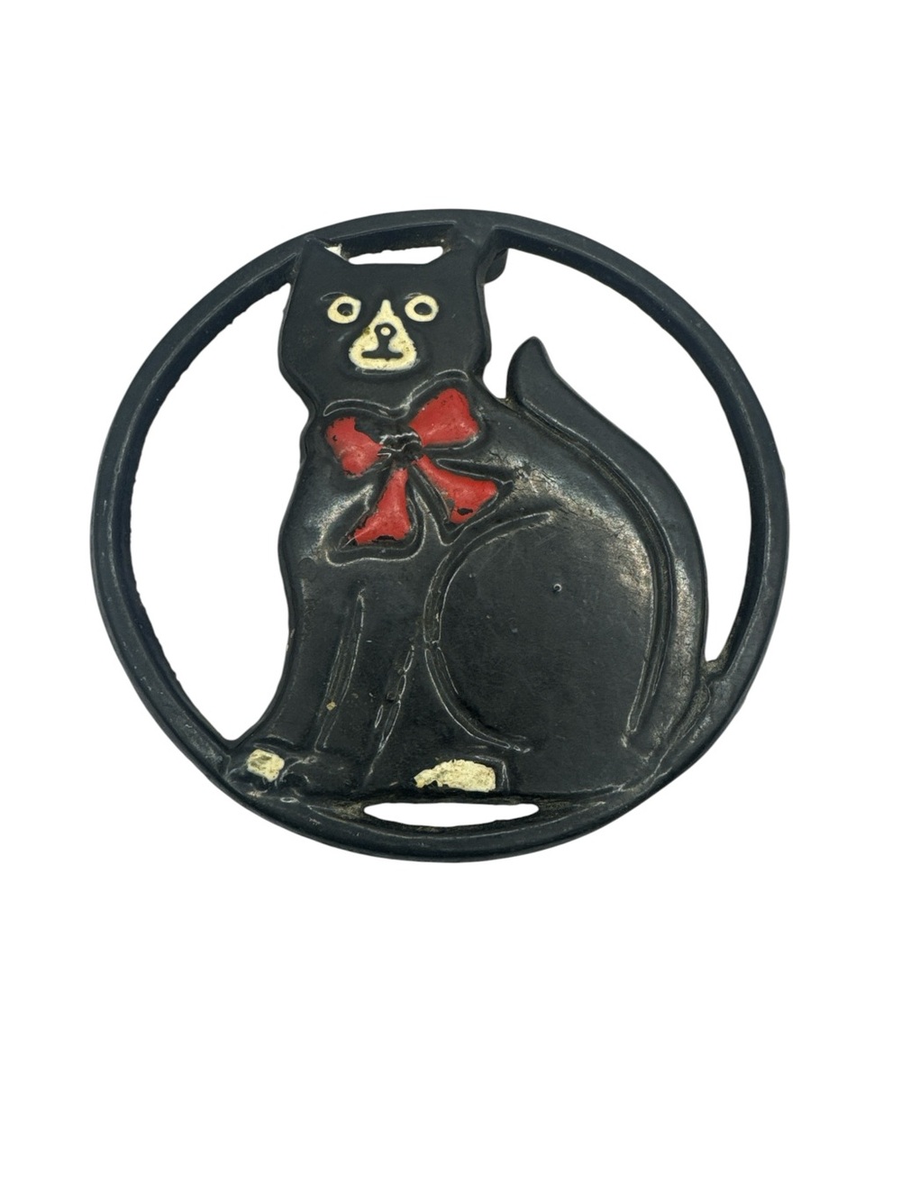 Vintage Retro Cat Cast Iron 6” Round Painted Metal Trivet Country Decor MCM
